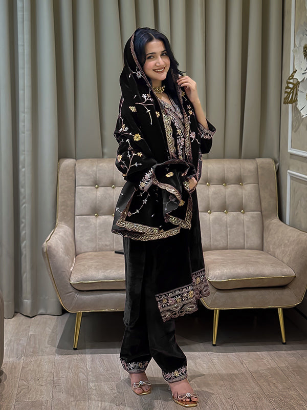Black Embroidery Sequence Work Viscose Velvet Suit Set With Dupatta