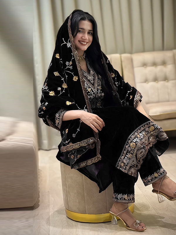 Black Embroidery Sequence Work Viscose Velvet Suit Set With Dupatta