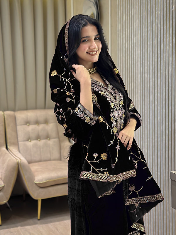 Black Embroidery Sequence Work Viscose Velvet Suit Set With Dupatta
