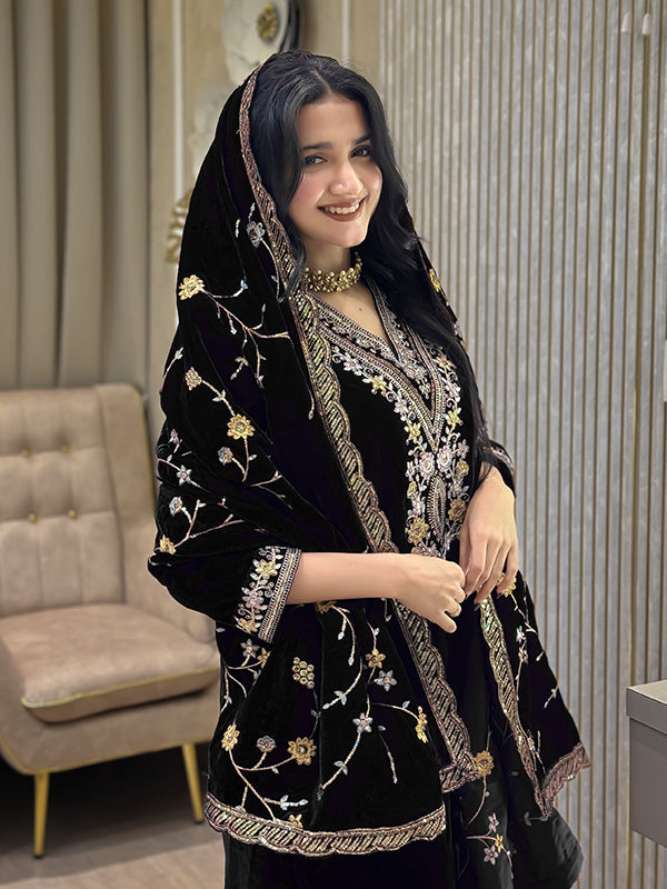 Black Embroidery Sequence Work Viscose Velvet Suit Set With Dupatta