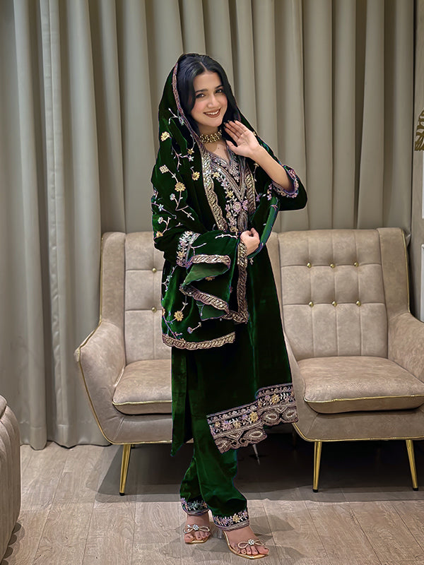 Green Embroidery Sequence Work Viscose Velvet Suit Set With Dupatta