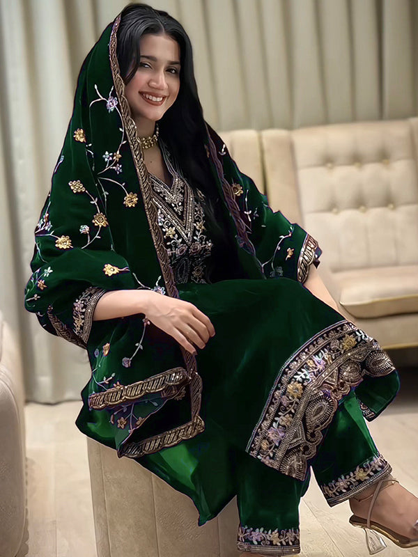 Green Embroidery Sequence Work Viscose Velvet Suit Set With Dupatta