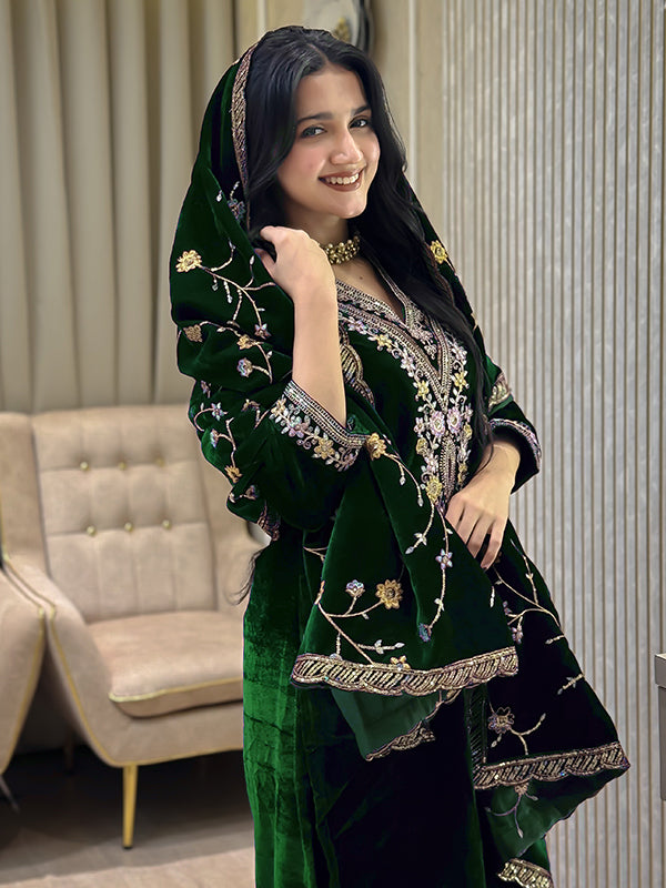 Green Embroidery Sequence Work Viscose Velvet Suit Set With Dupatta