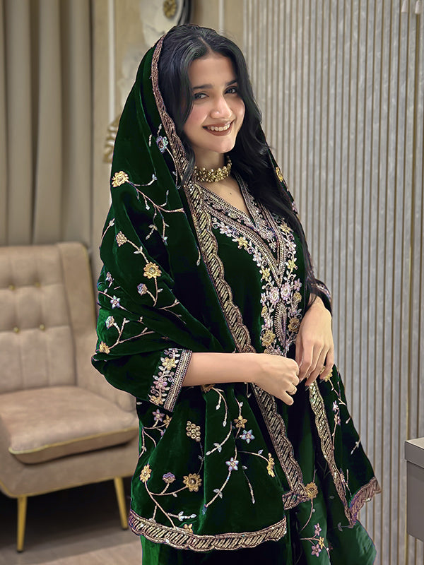 Green Embroidery Sequence Work Viscose Velvet Suit Set With Dupatta