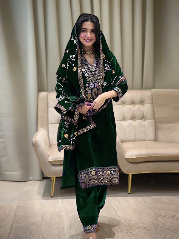 Green Embroidery Sequence Work Viscose Velvet Suit Set With Dupatta