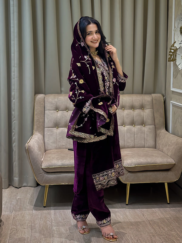Wine Embroidery Sequence Work Viscose Velvet Suit Set With Dupatta