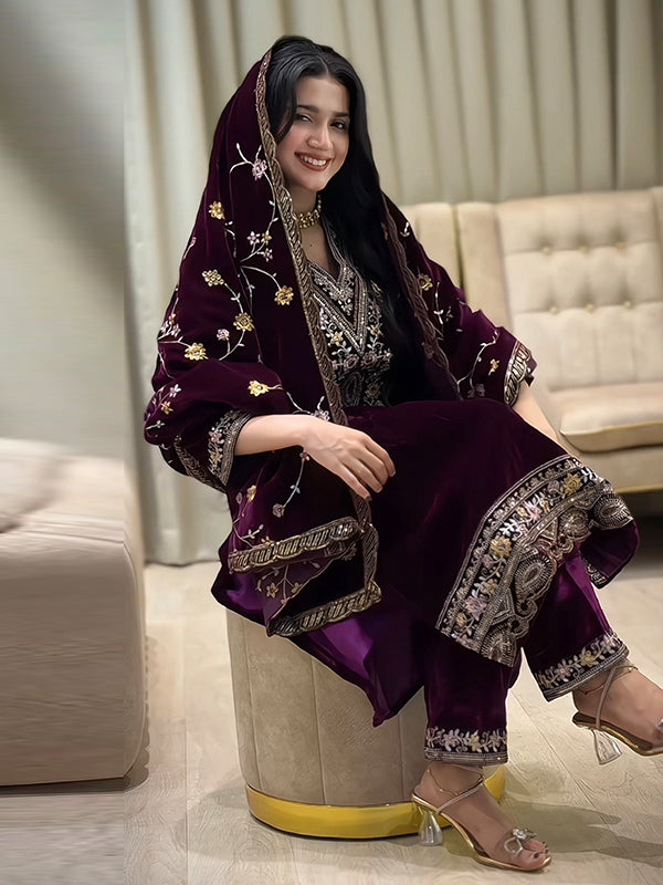 Wine Embroidery Sequence Work Viscose Velvet Suit Set With Dupatta