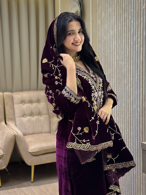 Wine Embroidery Sequence Work Viscose Velvet Suit Set With Dupatta