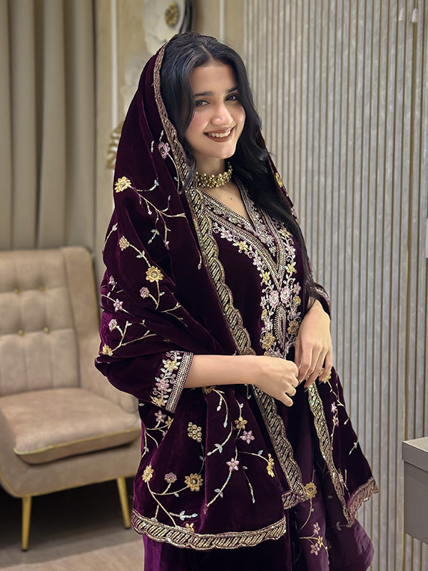 Wine Embroidery Sequence Work Viscose Velvet Suit Set With Dupatta