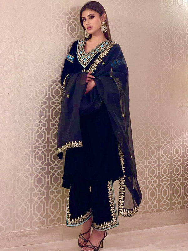 Blue Viscose Velvet Embroidery Sequence Work Suit Set