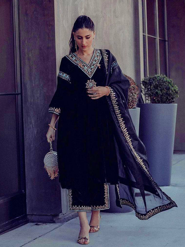 Blue Viscose Velvet Embroidery Sequence Work Suit Set