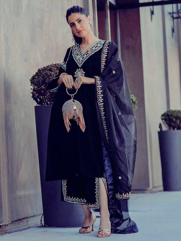 Blue Viscose Velvet Embroidery Sequence Work Suit Set