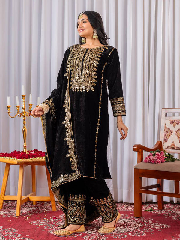 Black Embroidery Sequence Work Viscose Velvet Kurti Plazzo With Dupatta