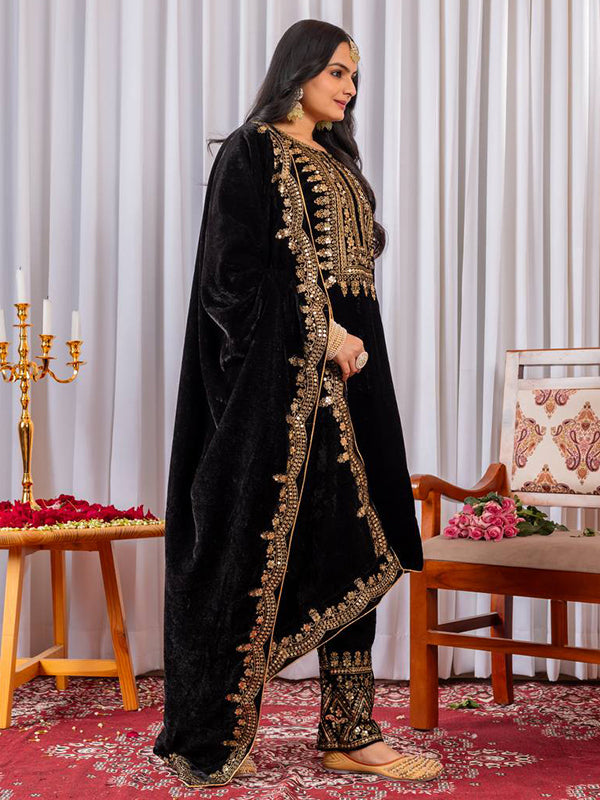Black Embroidery Sequence Work Viscose Velvet Kurti Plazzo With Dupatta