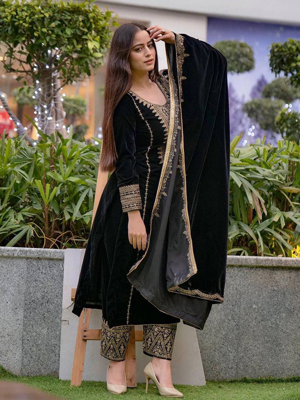 Black Embroidery Sequence Work Viscose Velvet Kurti Plazzo With Dupatta