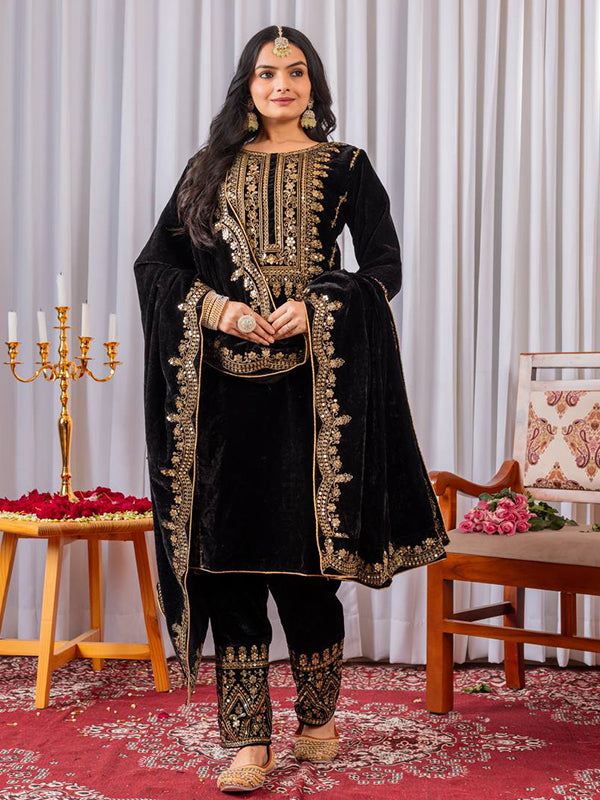 Black Embroidery Sequence Work Viscose Velvet Kurti Plazzo With Dupatta
