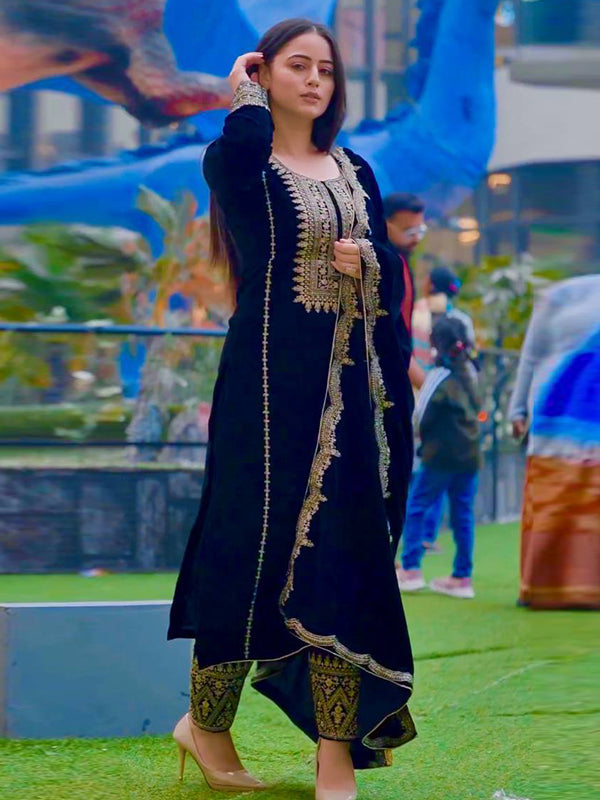 Blue Embroidery Sequence Work Viscose Velvet Kurti Plazzo With Dupatta