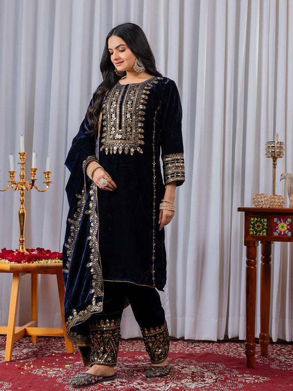 Blue Embroidery Sequence Work Viscose Velvet Kurti Plazzo With Dupatta