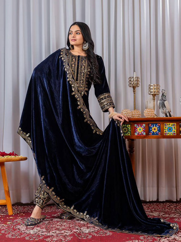 Blue Embroidery Sequence Work Viscose Velvet Kurti Plazzo With Dupatta