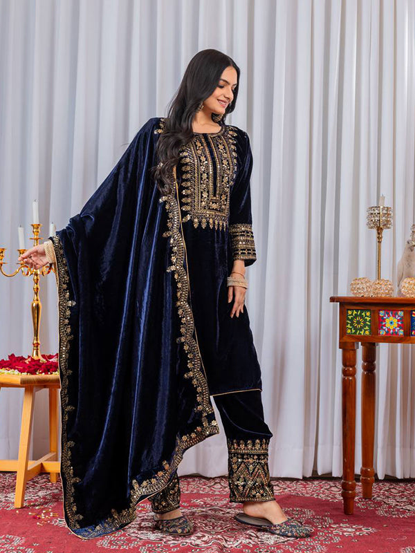 Blue Embroidery Sequence Work Viscose Velvet Kurti Plazzo With Dupatta