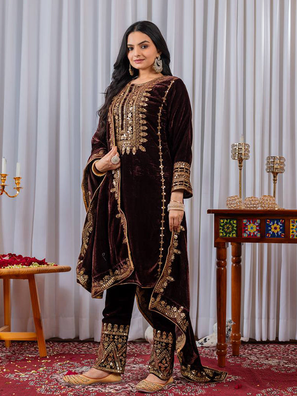 Brown Embroidery Sequence Work Viscose Velvet Kurti Plazzo With Dupatta