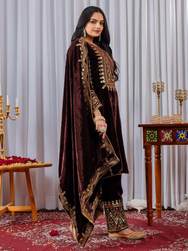 Brown Embroidery Sequence Work Viscose Velvet Kurti Plazzo With Dupatta