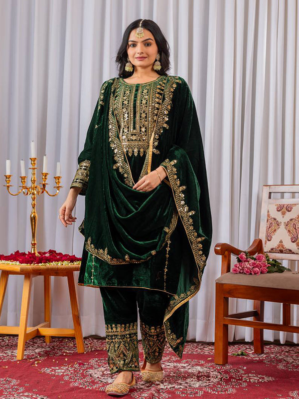 Green Embroidery Sequence Work Viscose Velvet Kurti Plazzo With Dupatta