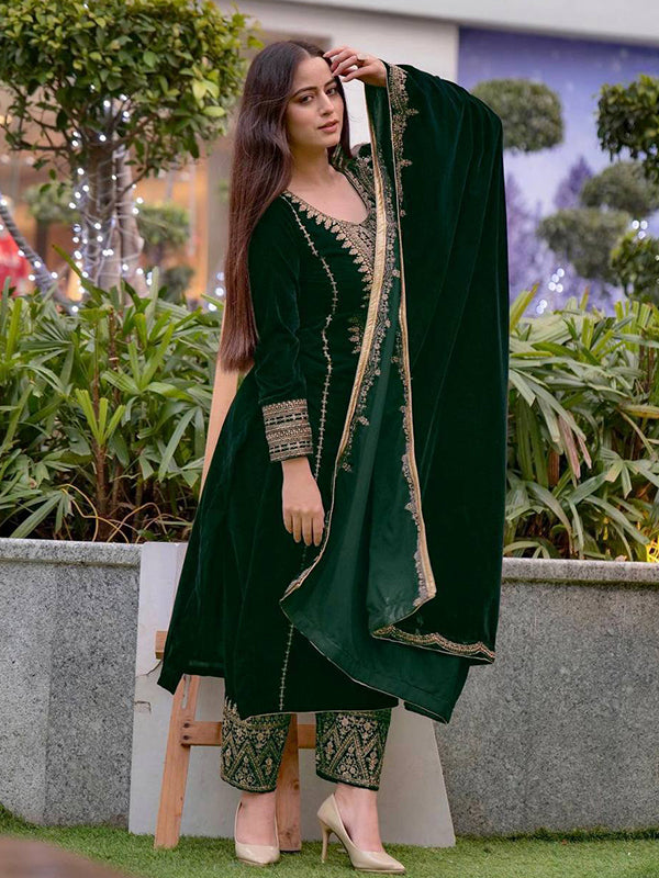 Green Embroidery Sequence Work Viscose Velvet Kurti Plazzo With Dupatta