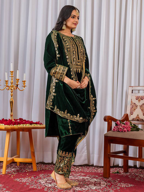 Green Embroidery Sequence Work Viscose Velvet Kurti Plazzo With Dupatta