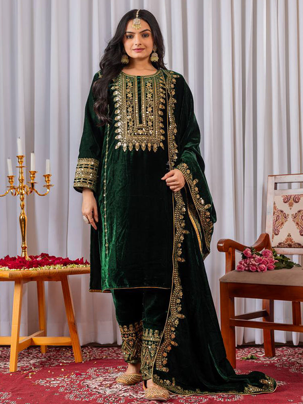 Green Embroidery Sequence Work Viscose Velvet Kurti Plazzo With Dupatta