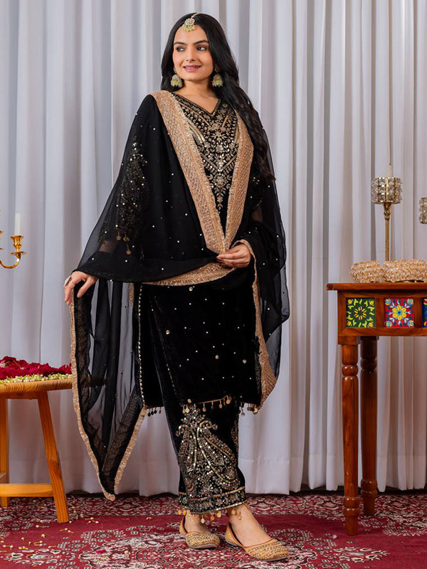 Black Sequence Work Viscose Velvet Kurti Plazzo With Dupatta