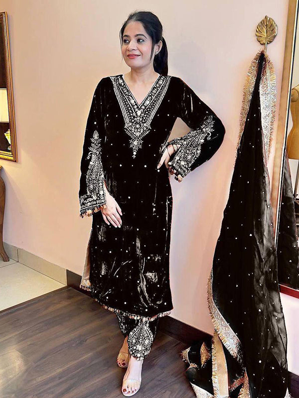 Black Sequence Work Viscose Velvet Kurti Plazzo With Dupatta