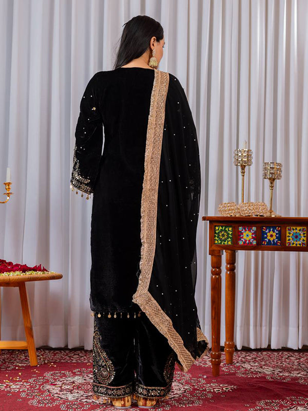 Black Sequence Work Viscose Velvet Kurti Plazzo With Dupatta