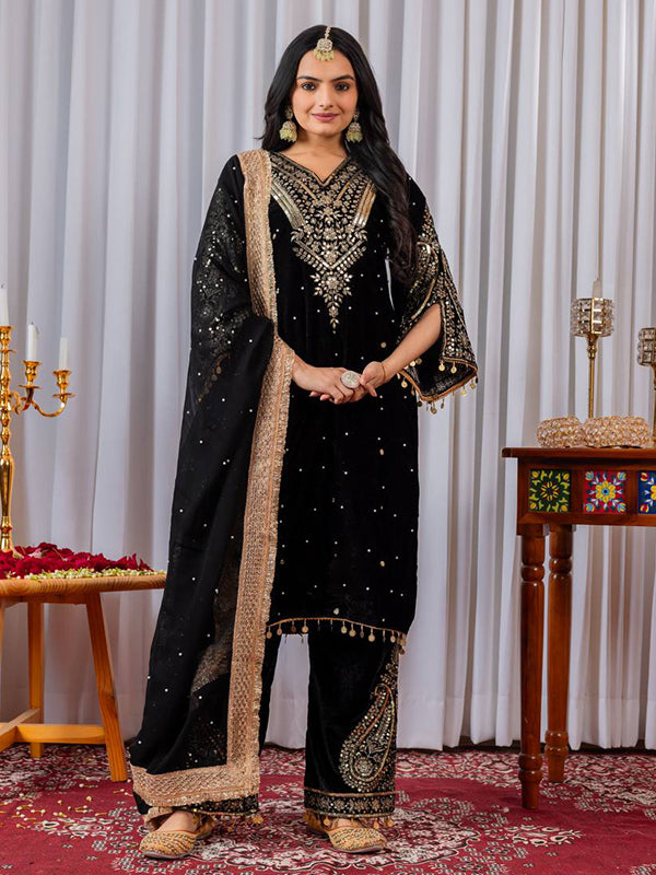 Black Sequence Work Viscose Velvet Kurti Plazzo With Dupatta