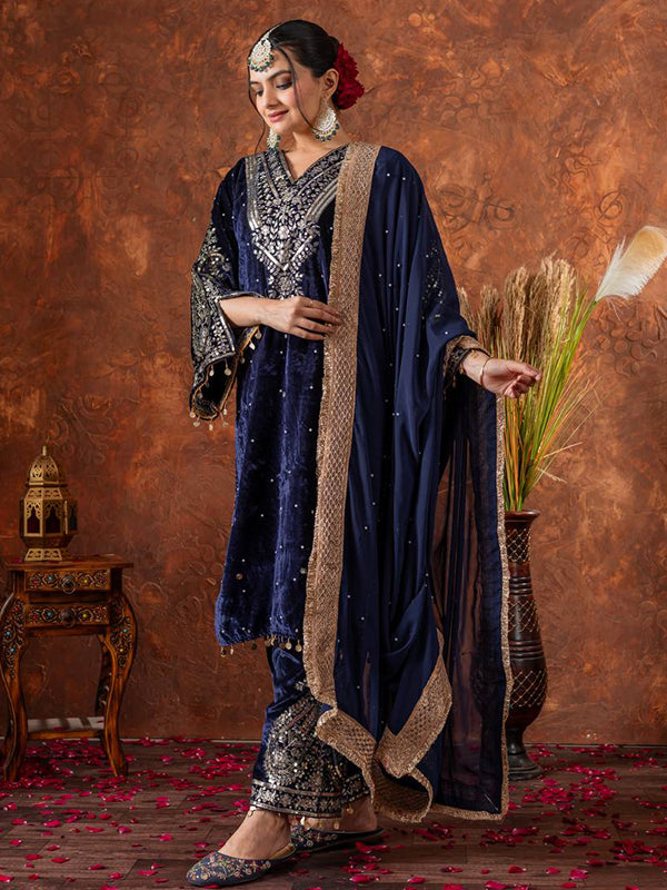 Blue Sequence Work Viscose Velvet Kurti Plazzo With Dupatta