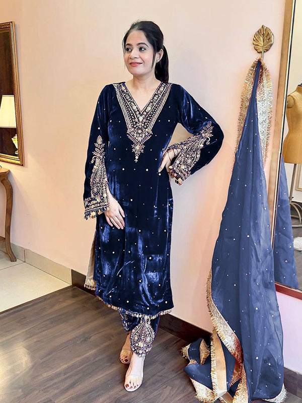 Blue Sequence Work Viscose Velvet Kurti Plazzo With Dupatta