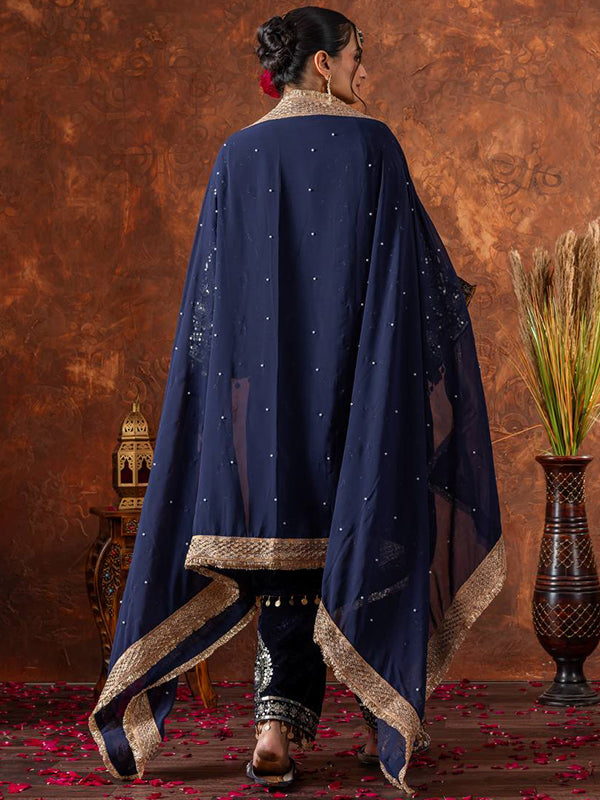 Blue Sequence Work Viscose Velvet Kurti Plazzo With Dupatta
