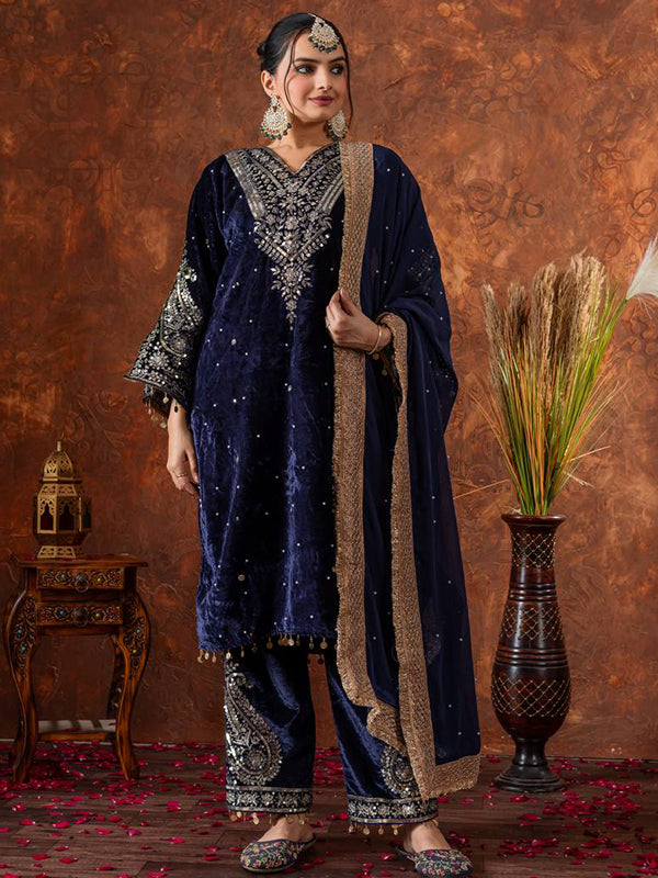 Blue Sequence Work Viscose Velvet Kurti Plazzo With Dupatta