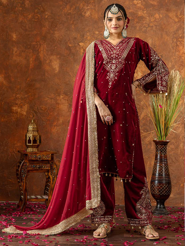 Maroon Sequence Work Viscose Velvet Kurti Plazzo With Dupatta