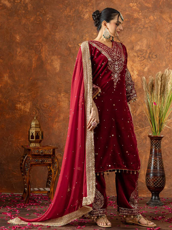 Maroon Sequence Work Viscose Velvet Kurti Plazzo With Dupatta