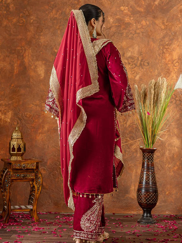 Maroon Sequence Work Viscose Velvet Kurti Plazzo With Dupatta