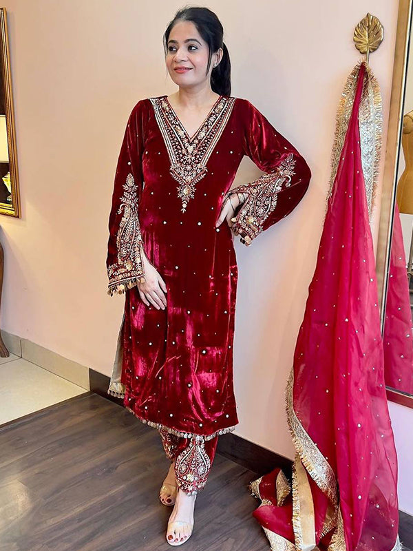 Maroon Sequence Work Viscose Velvet Kurti Plazzo With Dupatta