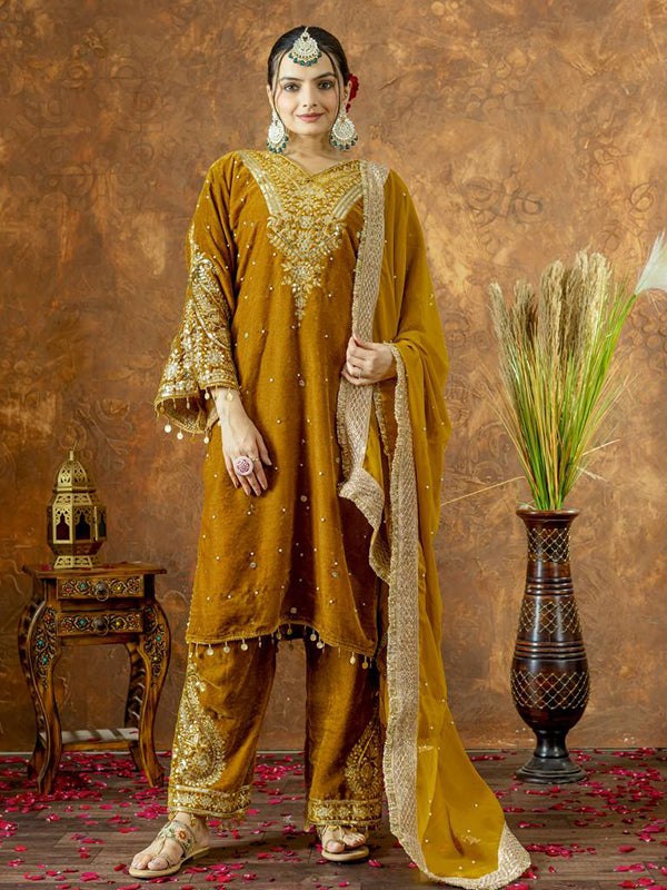 Mustard Yellow Sequence Work Viscose Velvet Kurti Plazzo With Dupatta