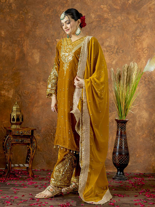 Mustard Yellow Sequence Work Viscose Velvet Kurti Plazzo With Dupatta