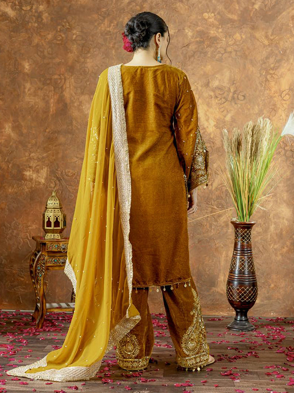 Mustard Yellow Sequence Work Viscose Velvet Kurti Plazzo With Dupatta