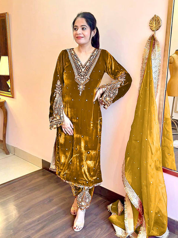 Mustard Yellow Sequence Work Viscose Velvet Kurti Plazzo With Dupatta