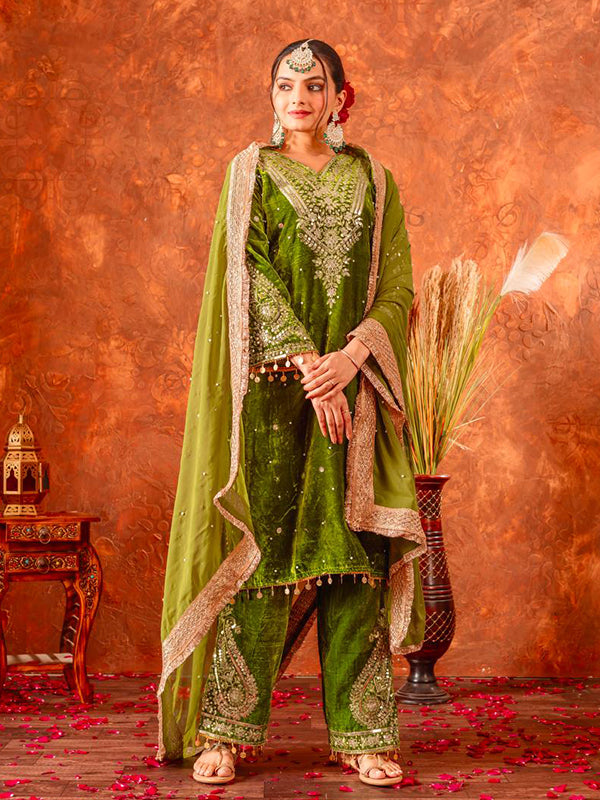 Parrot Green Sequence Work Viscose Velvet Kurti Plazzo With Dupatta