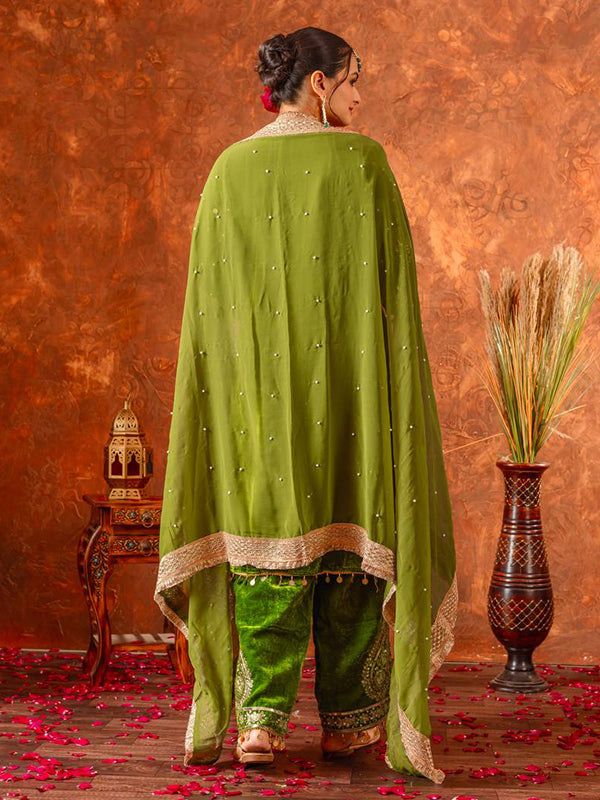 Parrot Green Sequence Work Viscose Velvet Kurti Plazzo With Dupatta