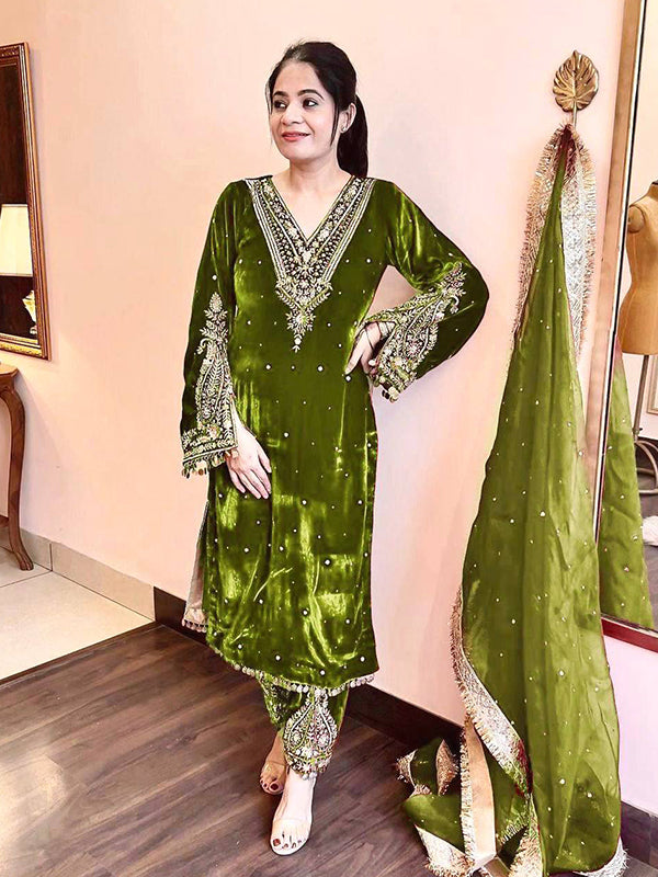 Parrot Green Sequence Work Viscose Velvet Kurti Plazzo With Dupatta