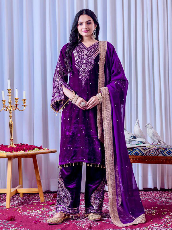 Purple Sequence Work Viscose Velvet Kurti Plazzo With Dupatta
